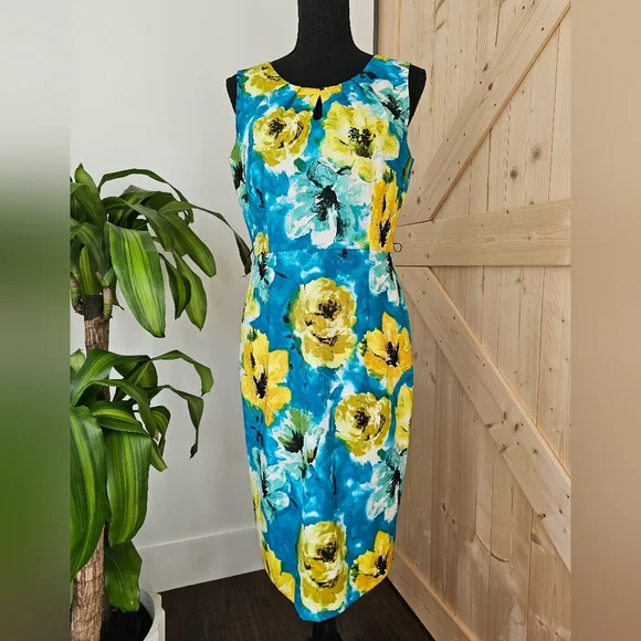 JONES NEW YORK Size 6 Women's Blue And Yellow Floral Sleeveless Midi Dress - Picture 1 of 8